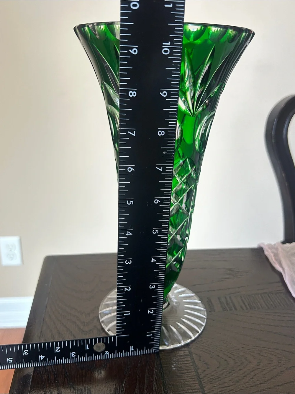 Vintage Imperial Hand Cut Emerald Glow Glass Vase German 1950s 10.5”